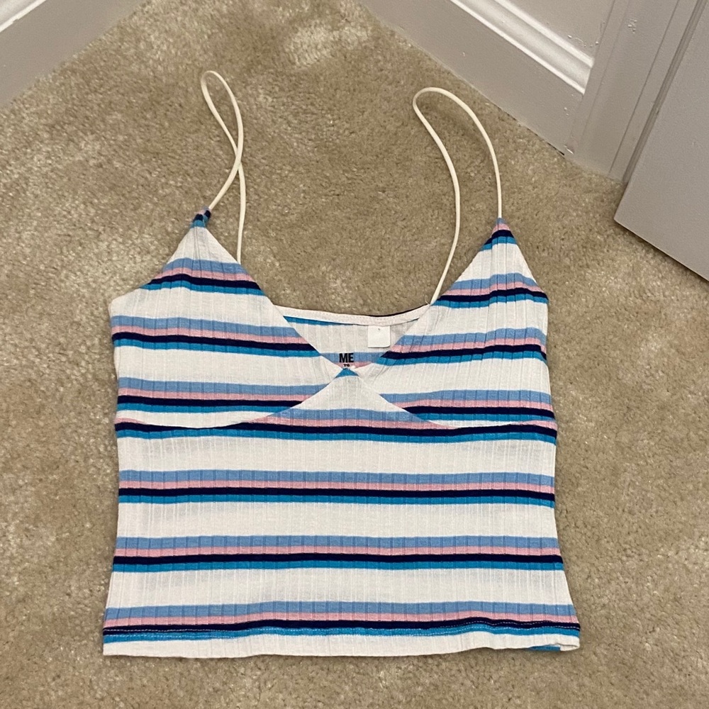 white with blue and pink striped cropped top
